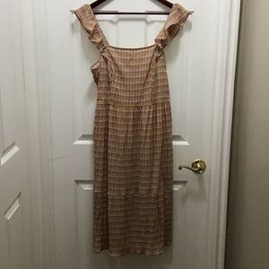 LOFT Checkered Ruffle Strap Midi Dress